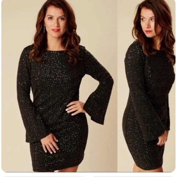 Altar'd State Black Mini Sequin Cocktail Dress with Bell Sleeves - Medium - Picture 1 of 7